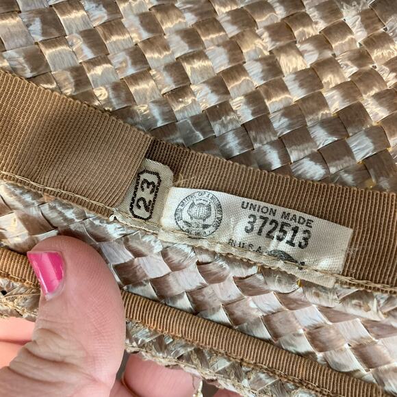Vintage Union Made Woven Straw brimmed hat Mesh Ribbon detail original hat box - Picture 9 of 15